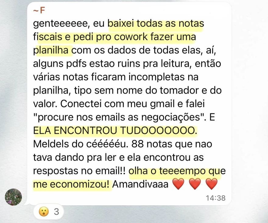 Fafa conta que o Claude leu e processou 88 notas fiscais que não dava pra ler
